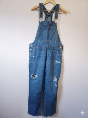 GAP Dark Dolly Slouchy Denim Overalls Distressed Ripped Knee Bib Size L Oversize